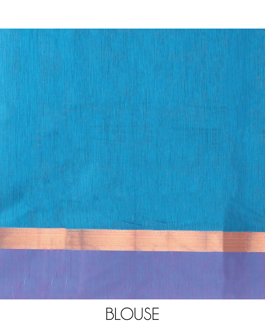 Blue Semi-Silk Cotton Saree, Artfully Adorned with Floral Creeper Design All Over Its Body, Complemented by a Contrast Paisley Zari Design Border, Pallu of Paisley Design, and Paired with a Matching Blouse - Image 3