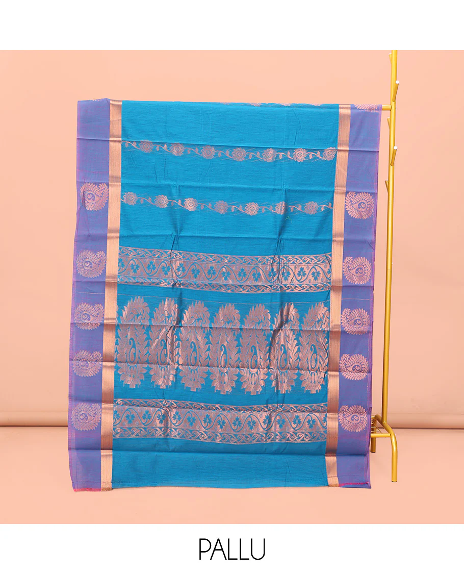 Blue Semi-Silk Cotton Saree, Artfully Adorned with Floral Creeper Design All Over Its Body, Complemented by a Contrast Paisley Zari Design Border, Pallu of Paisley Design, and Paired with a Matching Blouse - Image 4