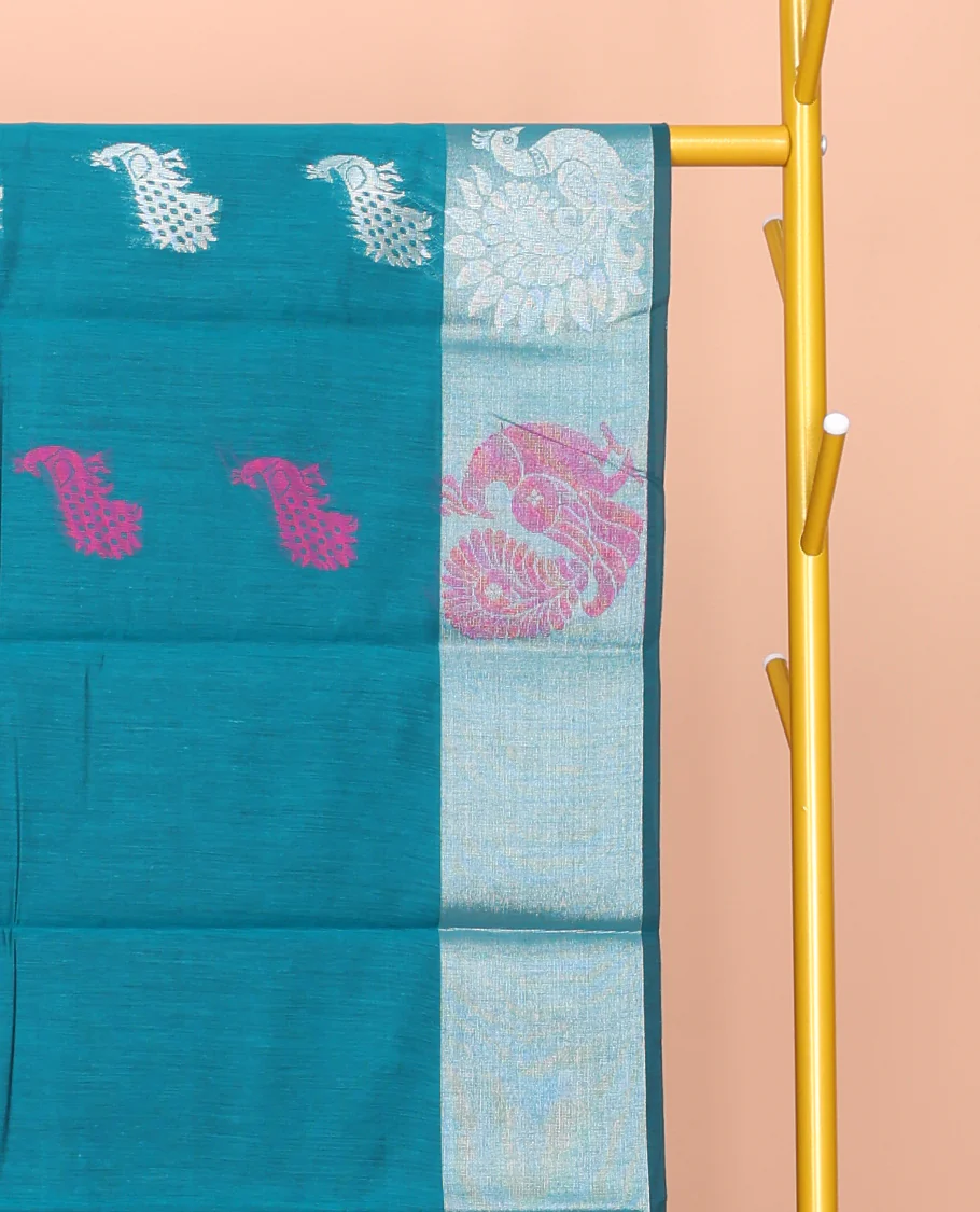 Blue Semi-Silk Cotton Saree, Beautified with Peacock Buttas All Over Its Body, Highlighted by a Zari Border of Peacocks, Pallu Woven with Peacock Designs, and Paired with a Matching Blouse - Image 2