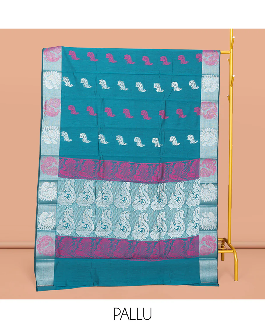 Blue Semi-Silk Cotton Saree, Beautified with Peacock Buttas All Over Its Body, Highlighted by a Zari Border of Peacocks, Pallu Woven with Peacock Designs, and Paired with a Matching Blouse - Image 3
