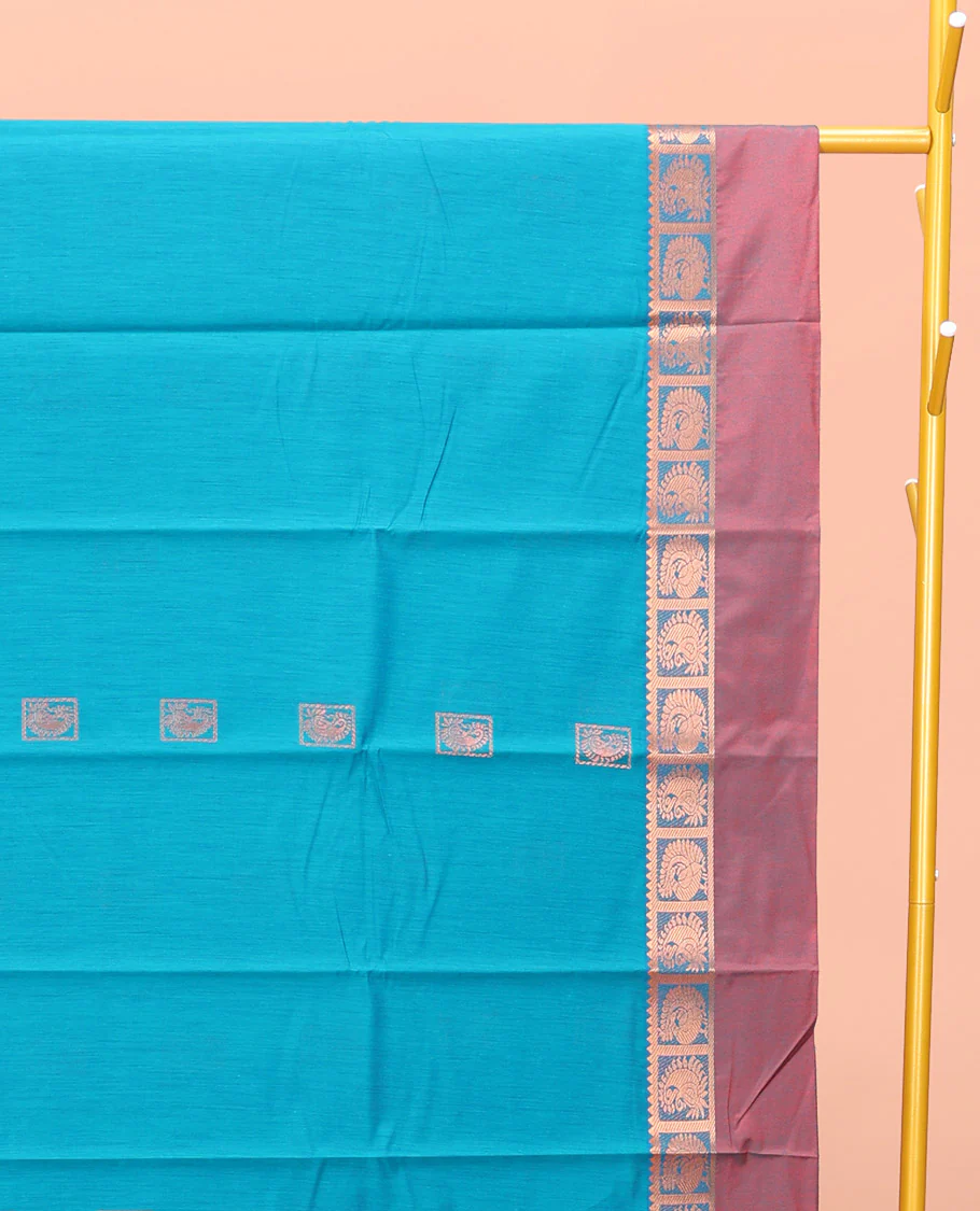 Blue Semi-Silk Cotton Saree, Decked Up with Zari Buttas All Over Its Body, Complemented by a Contrast Kal Eragina Border of Peacock Designs, Pallu Steeped with Elephant Zari Motifs, and Paired with a Matching Blouse - Image 2