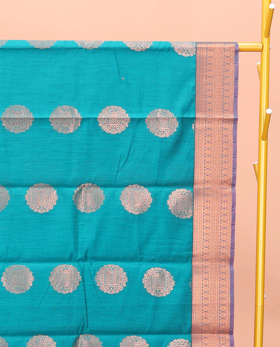 Blue Semi-Silk Cotton Saree, Delicately Woven with Zari Buttas All Over Its Body, Complemented by Contrast Traditional Zari Design Border, Pallu of Jaal Design, and Paired with a Matching Blouse - Image 2