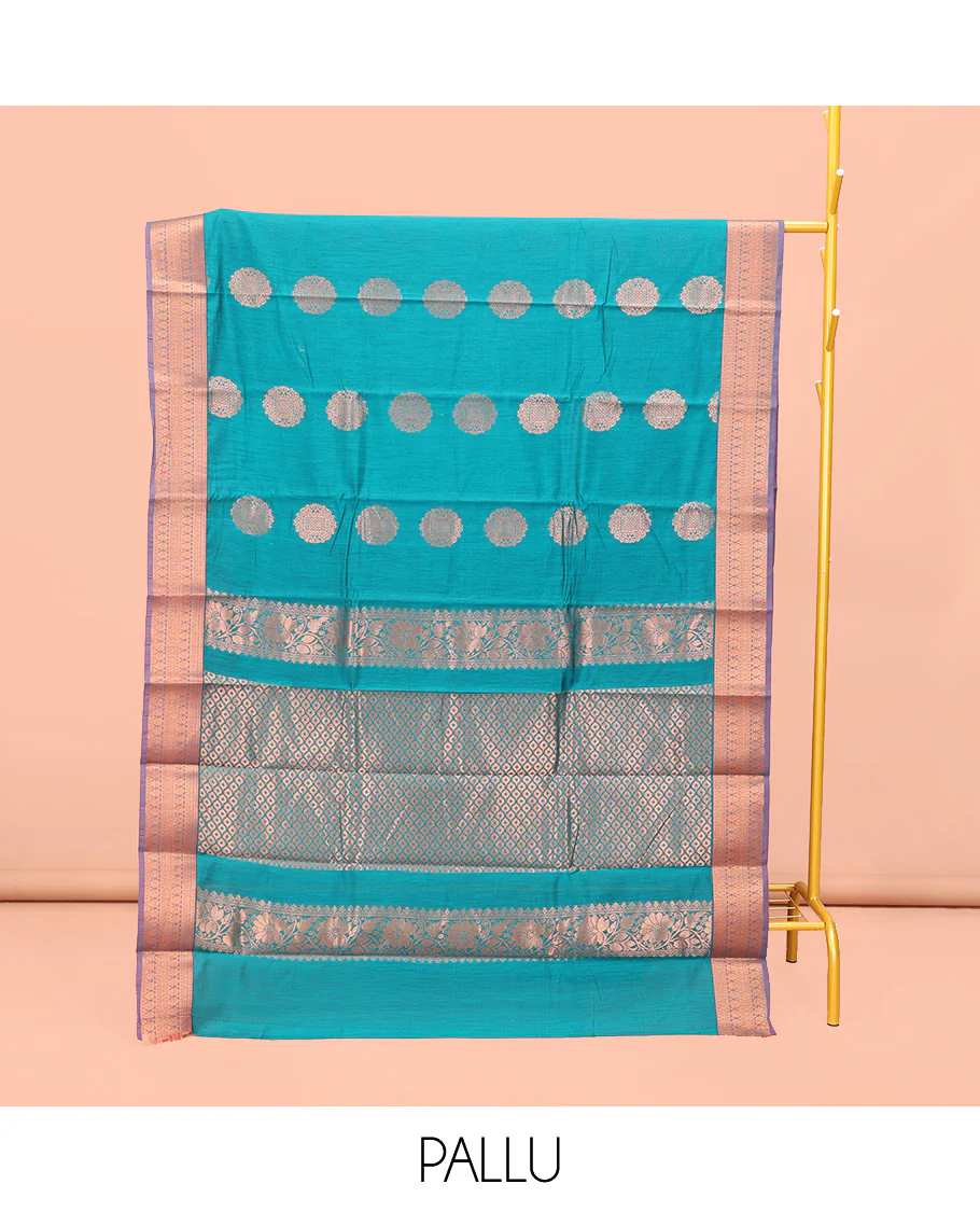 Blue Semi-Silk Cotton Saree, Delicately Woven with Zari Buttas All Over Its Body, Complemented by Contrast Traditional Zari Design Border, Pallu of Jaal Design, and Paired with a Matching Blouse - Image 3