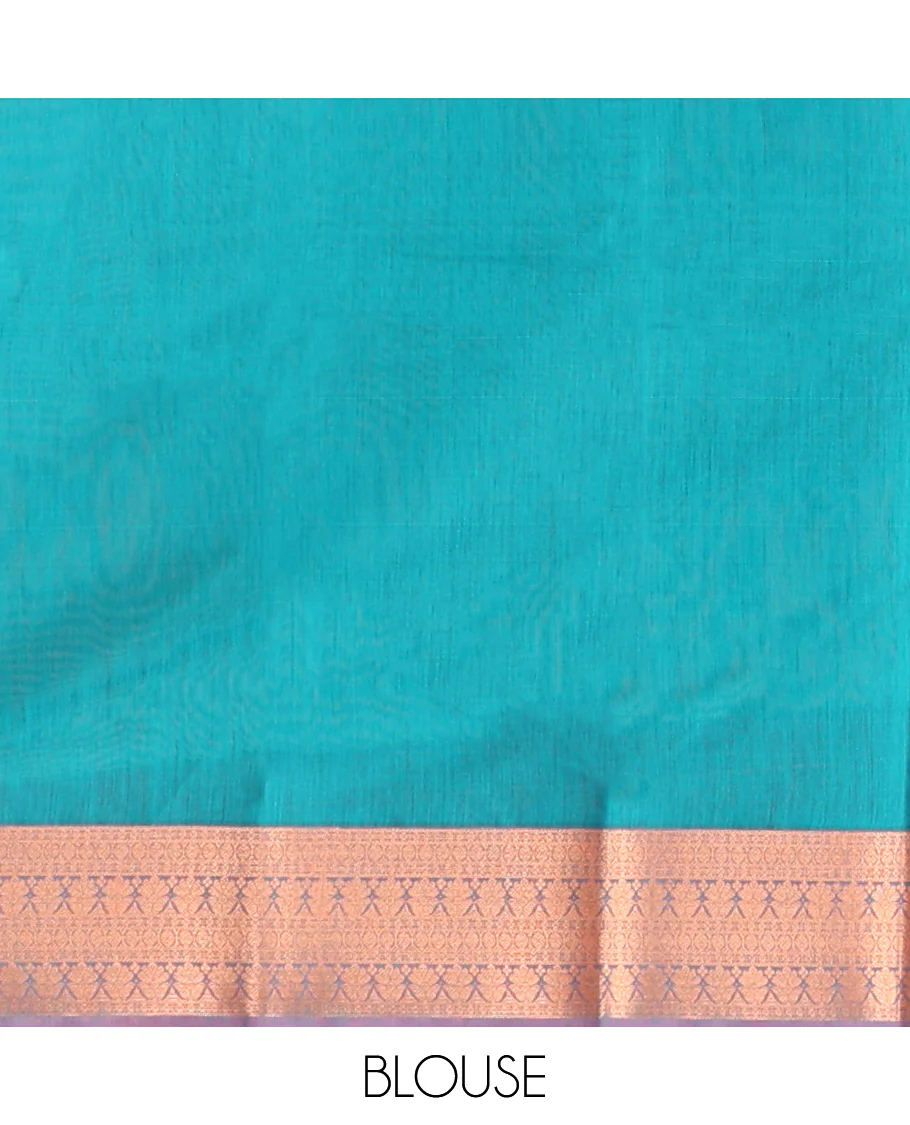 Blue Semi-Silk Cotton Saree, Delicately Woven with Zari Buttas All Over Its Body, Complemented by Contrast Traditional Zari Design Border, Pallu of Jaal Design, and Paired with a Matching Blouse - Image 4