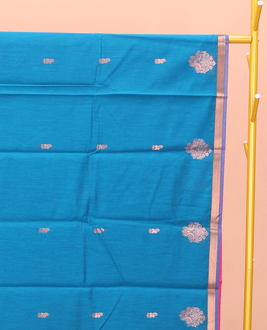 Blue Semi-Silk Cotton Saree, Enthralled with Zari Buttas All Over Its Body, a Subtle Zari Piping Border, Complemented by Contrast Pallu of Zari Butta Enclosed Checked Design, and Paired with a Contrast Blouse - Image 2