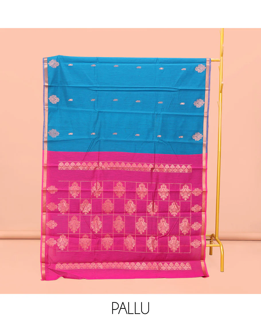 Blue Semi-Silk Cotton Saree, Enthralled with Zari Buttas All Over Its Body, a Subtle Zari Piping Border, Complemented by Contrast Pallu of Zari Butta Enclosed Checked Design, and Paired with a Contrast Blouse - Image 3
