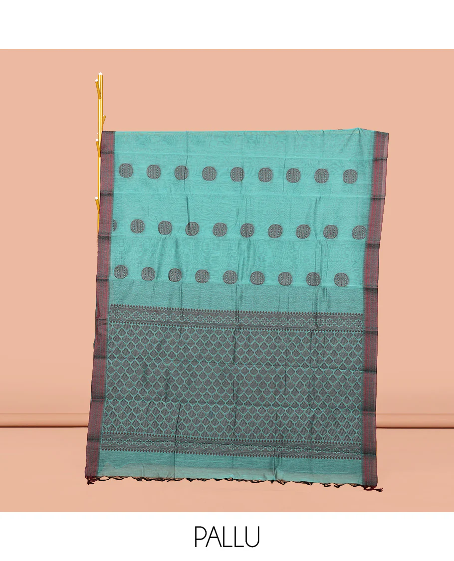 Blue Semi-Silk Cotton Saree, Finely Crafted with Round Buttas on Its Body, Complemented by a Contrast Thread Traditional Motifs Woven Border, Jaal Design Pallu, and Paired with a Contrast Blouse - Image 2