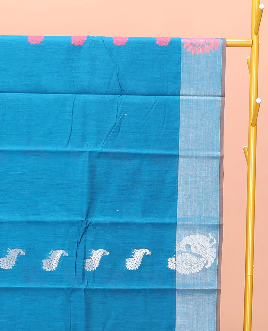Blue Semi-Silk Cotton Saree, Graced with Peacock Buttas All Over Its Body, a Self-Border of Peacock Designs, Pallu Steeped with Peacock Zari Design, and Paired with a Matching Blouse - Image 2