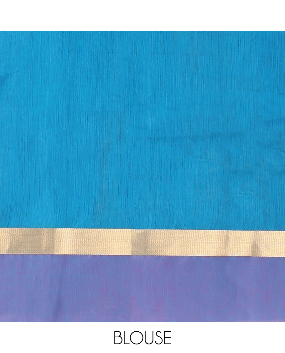 Blue Semi-Silk Cotton Saree, Gracefully Embellished with Bird Zari Buttas on Its Body, Complemented by Contrast Border of Peacock Buttas, Pallu Features Peacock Designs, and Paired with a Matching Blouse - Image 4