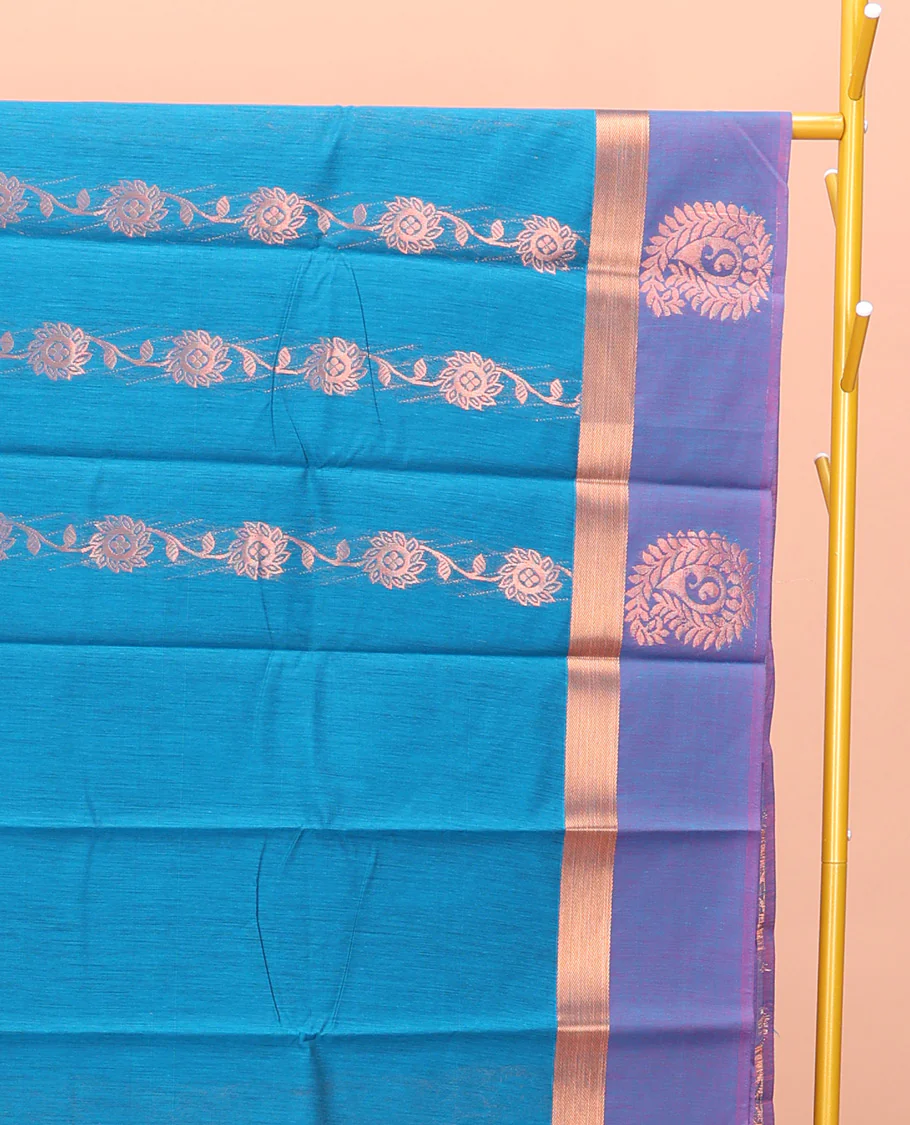 Blue Semi-Silk Cotton Saree, Opulently Embellished with Floral Creeper Design All Over Its Body, Complemented by a Contrast Paisley Zari Design Border, Pallu of Paisley Design, and Paired with a Matching Blouse - Image 2