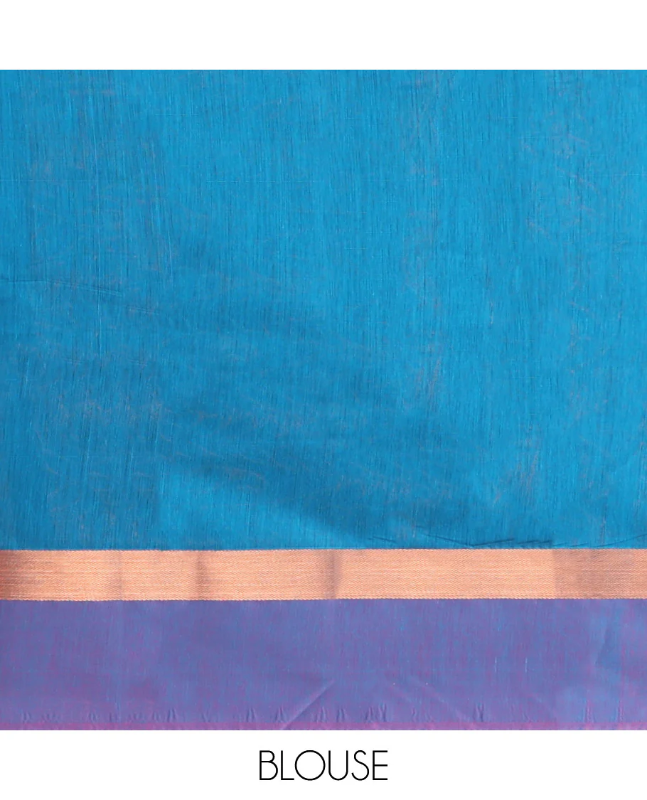 Blue Semi-Silk Cotton Saree, Opulently Embellished with Floral Creeper Design All Over Its Body, Complemented by a Contrast Paisley Zari Design Border, Pallu of Paisley Design, and Paired with a Matching Blouse - Image 4