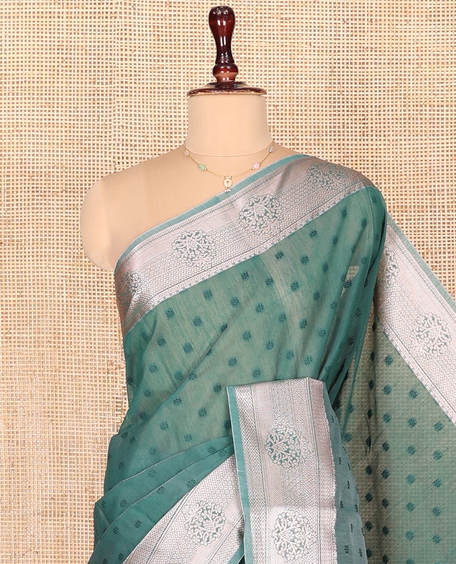 Blue Semi-Silk Cotton Saree, Sparsely Woven with Floral Buttas on Its Body, Highlighted by a Zari Traditional Border, Geometric Patterned Pallu, and Paired with a Matching Blouse - Image 2