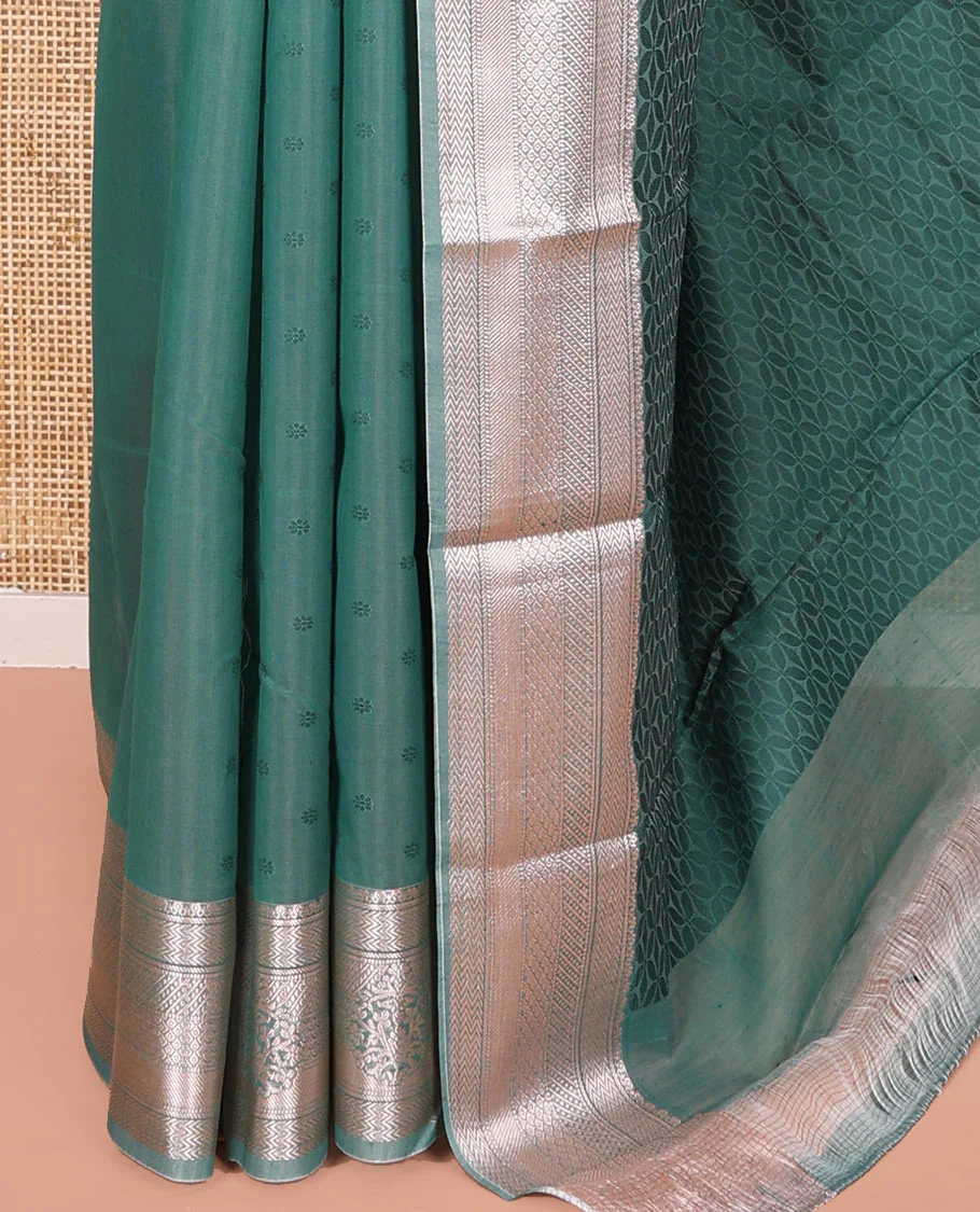 Blue Semi-Silk Cotton Saree, Sparsely Woven with Floral Buttas on Its Body, Highlighted by a Zari Traditional Border, Geometric Patterned Pallu, and Paired with a Matching Blouse - Image 3
