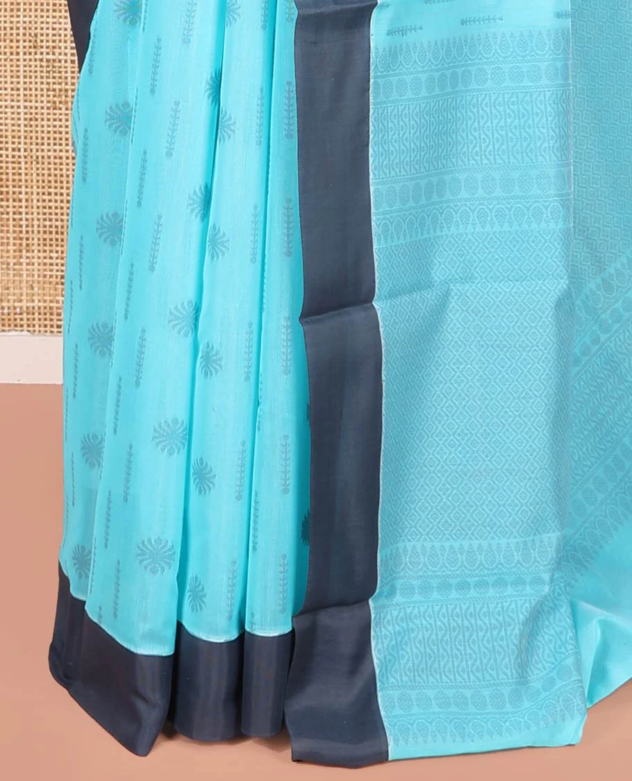 Blue Semi-Silk Cotton Saree, Subtly Adorned with Buttas on Its Body, Complemented by Contrast Border, Sparsely Designed Pallu of Geometric Designs, and Paired with a Matching Blouse - Image 3