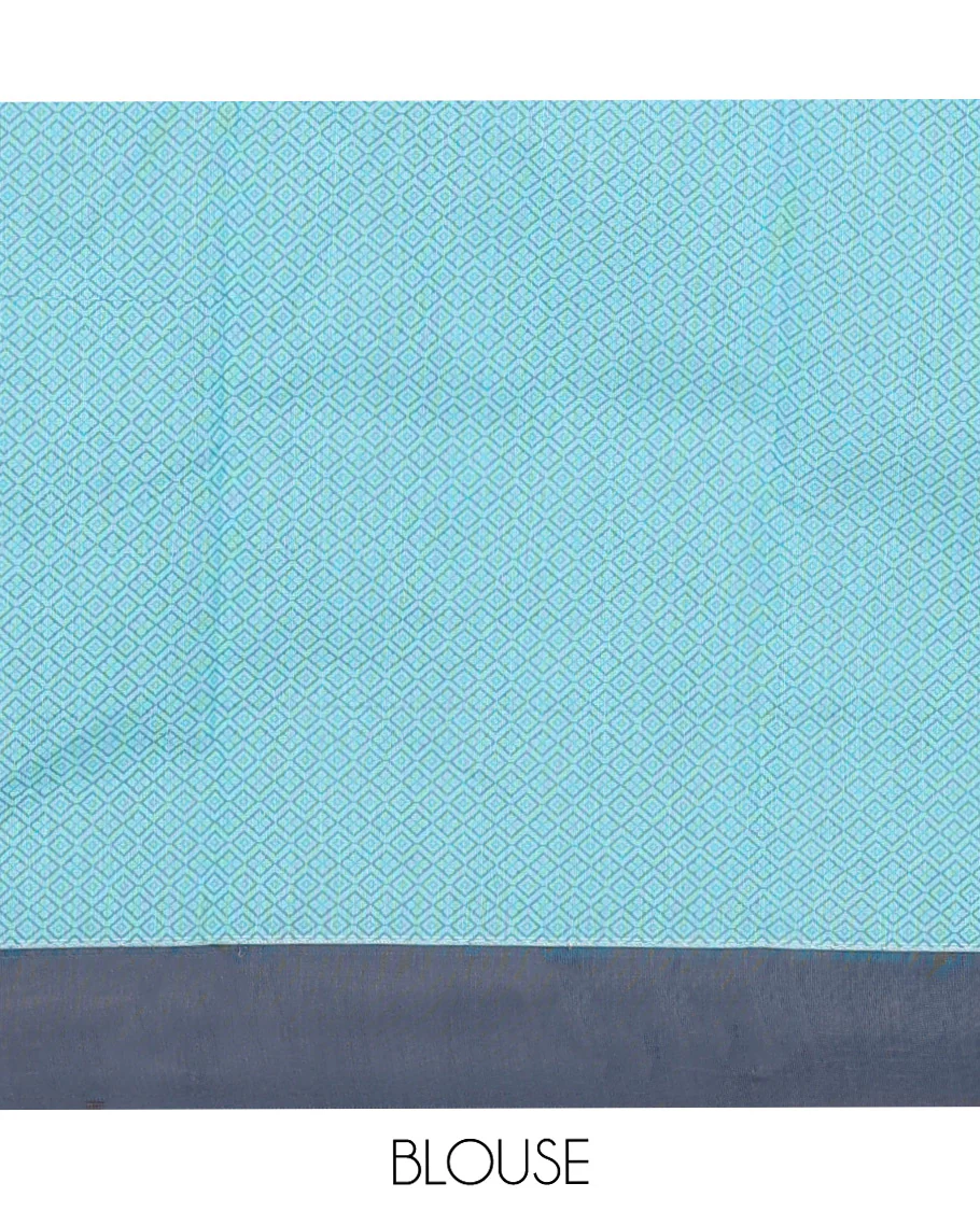 Blue Semi-Silk Cotton Saree, Subtly Adorned with Buttas on Its Body, Complemented by Contrast Border, Sparsely Designed Pallu of Geometric Designs, and Paired with a Matching Blouse - Image 4