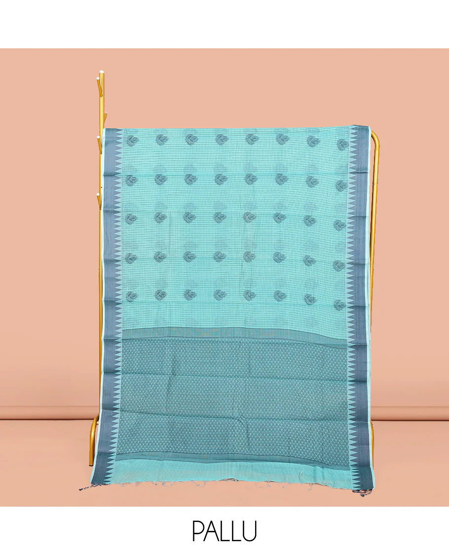 Blue Semi-Silk Cotton Saree, Subtly Sparkled with Buttas and Micro-Checks All Over Its Body, Highlighted by a Temple Border, Intricate Pallu, and Paired with a Contrast Blouse - Image 2