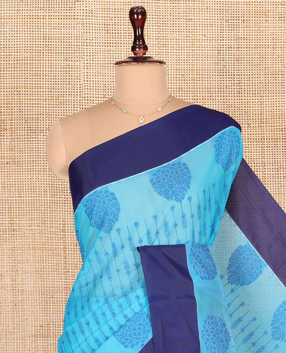 Blue Semi-Silk Cotton Saree, Subtly Sparkled with Stripes All Over Its Body, Complemented by Contrast Border, Pallu Steeped with Pine Tree Motifs, and Paired with a Matching Blouse - Image 2