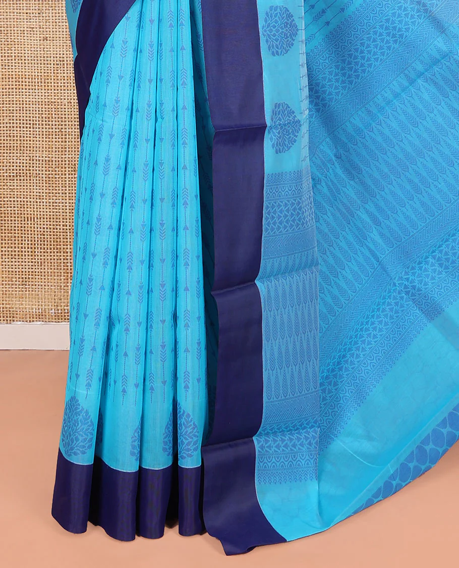 Blue Semi-Silk Cotton Saree, Subtly Sparkled with Stripes All Over Its Body, Complemented by Contrast Border, Pallu Steeped with Pine Tree Motifs, and Paired with a Matching Blouse - Image 3
