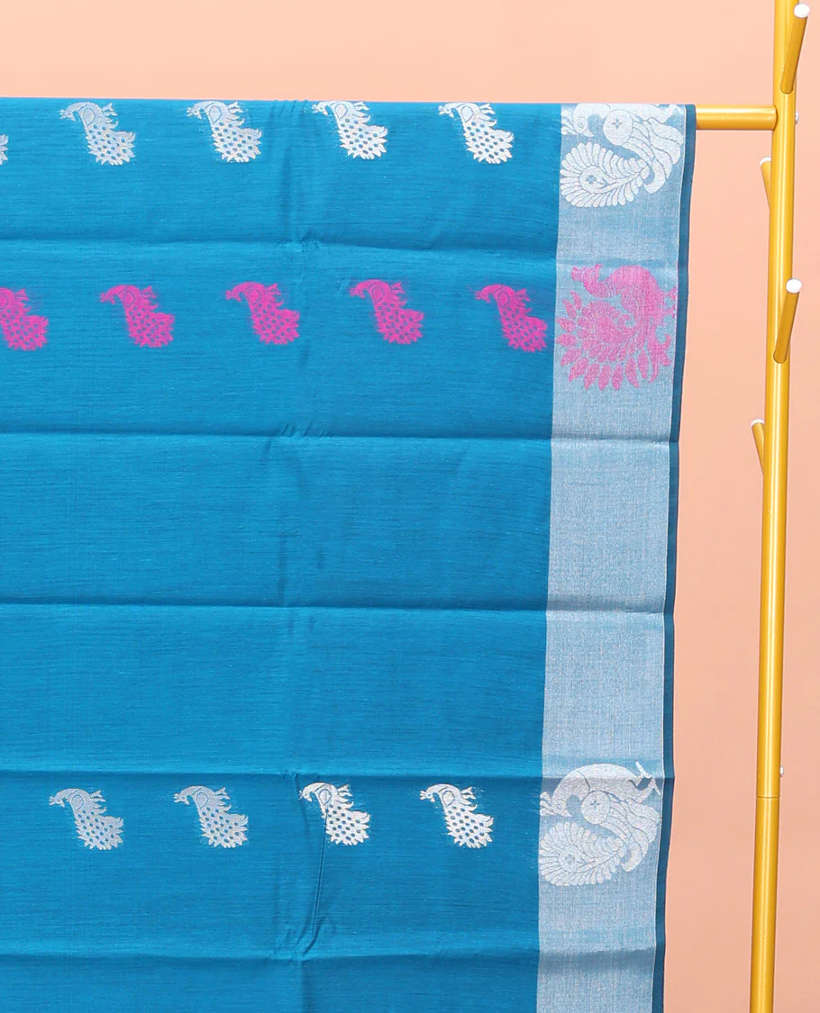 Blue Semi-Silk Cotton Saree, Uniquely Detailed with Peacock Buttas All Over Its Body, Highlighted by a Zari Border of Peacock Designs, Pallu Steeped with Peacock Zari Motifs, and Paired with a Matching Blouse - Image 2