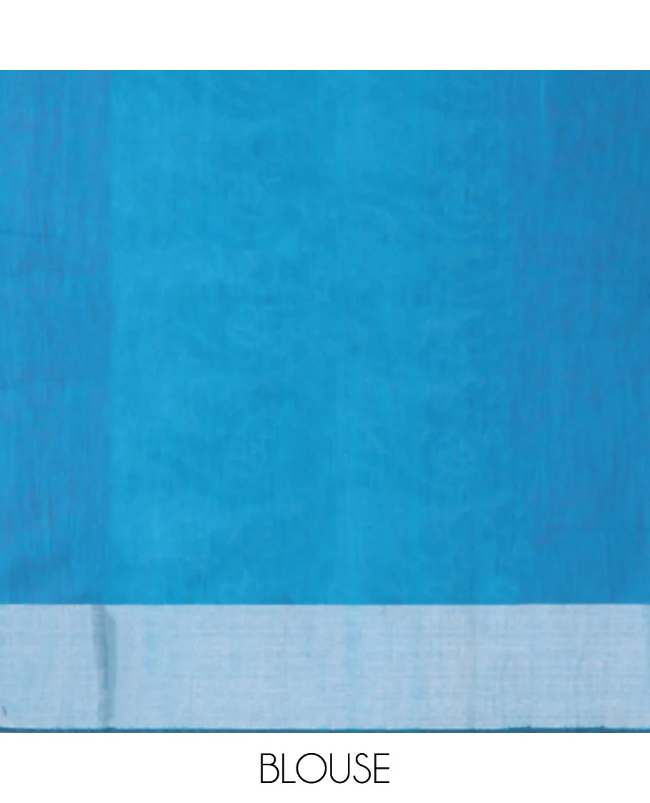 Blue Semi-Silk Cotton Saree, Uniquely Detailed with Peacock Buttas All Over Its Body, Highlighted by a Zari Border of Peacock Designs, Pallu Steeped with Peacock Zari Motifs, and Paired with a Matching Blouse - Image 4