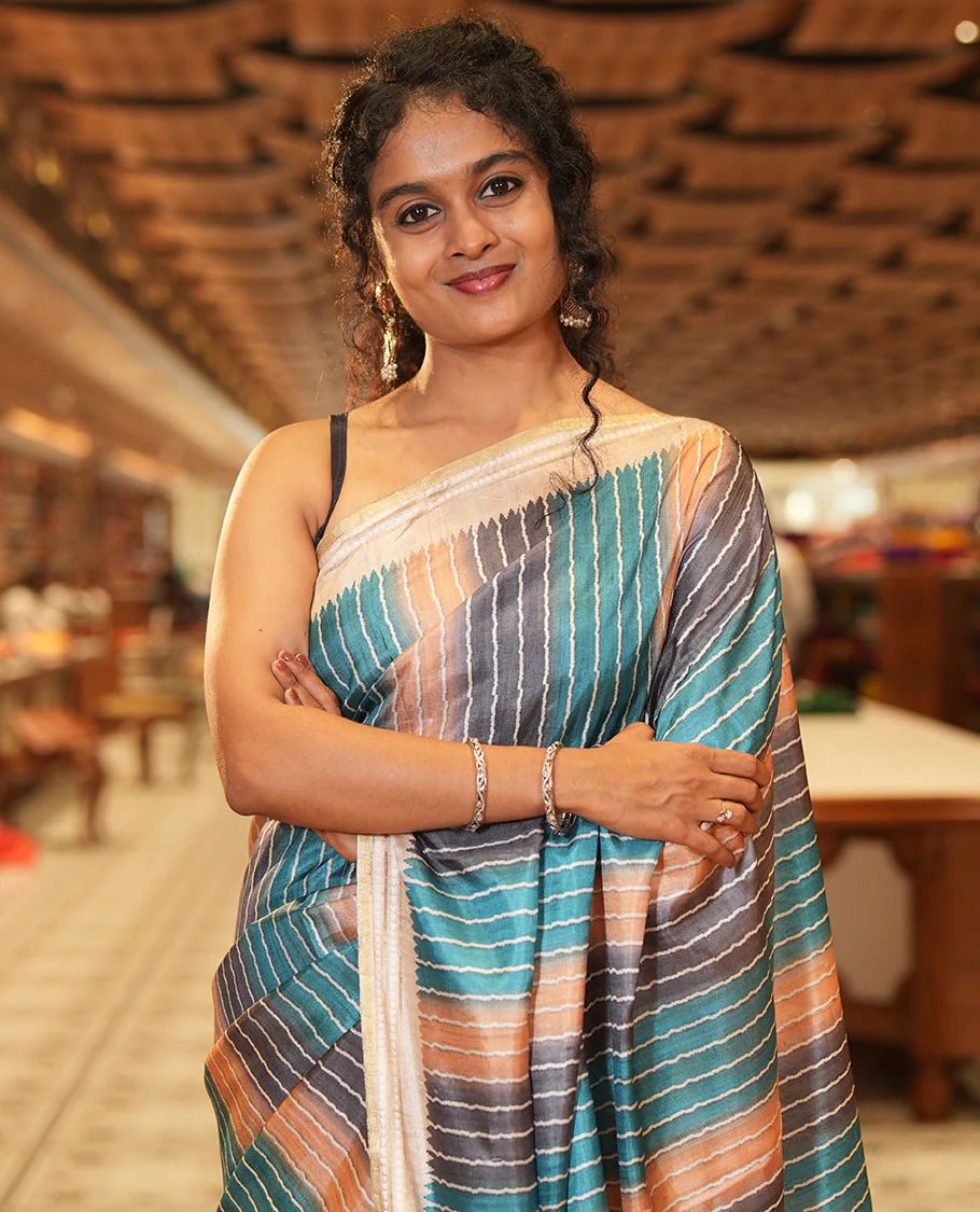Blue Semi-Tussar Saree Colorfully Printed with Zig-Zag Stripes, Subtly Woven with a Resham Thread Temple Border, Featuring a Heathered Pallu, Paired with a Contrast Striped Blouse - Image 3