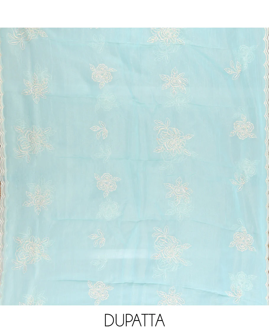 Blue Shimmer Georgette Material Chudidar Set, Meticulously Crafted with Floral Thread Embroidery on Its Top, a Plain Santoon Bottom, and Comes with a Floral Embroidered Shimmer Georgette Dupatta - Image 2