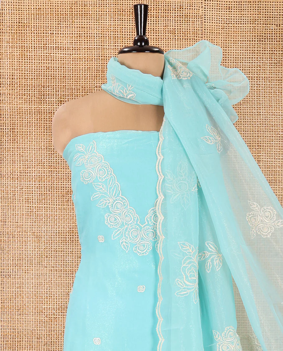 Blue Shimmer Georgette Material Chudidar Set, Meticulously Crafted with Floral Thread Embroidery on Its Top, a Plain Santoon Bottom, and Comes with a Floral Embroidered Shimmer Georgette Dupatta - Image 3