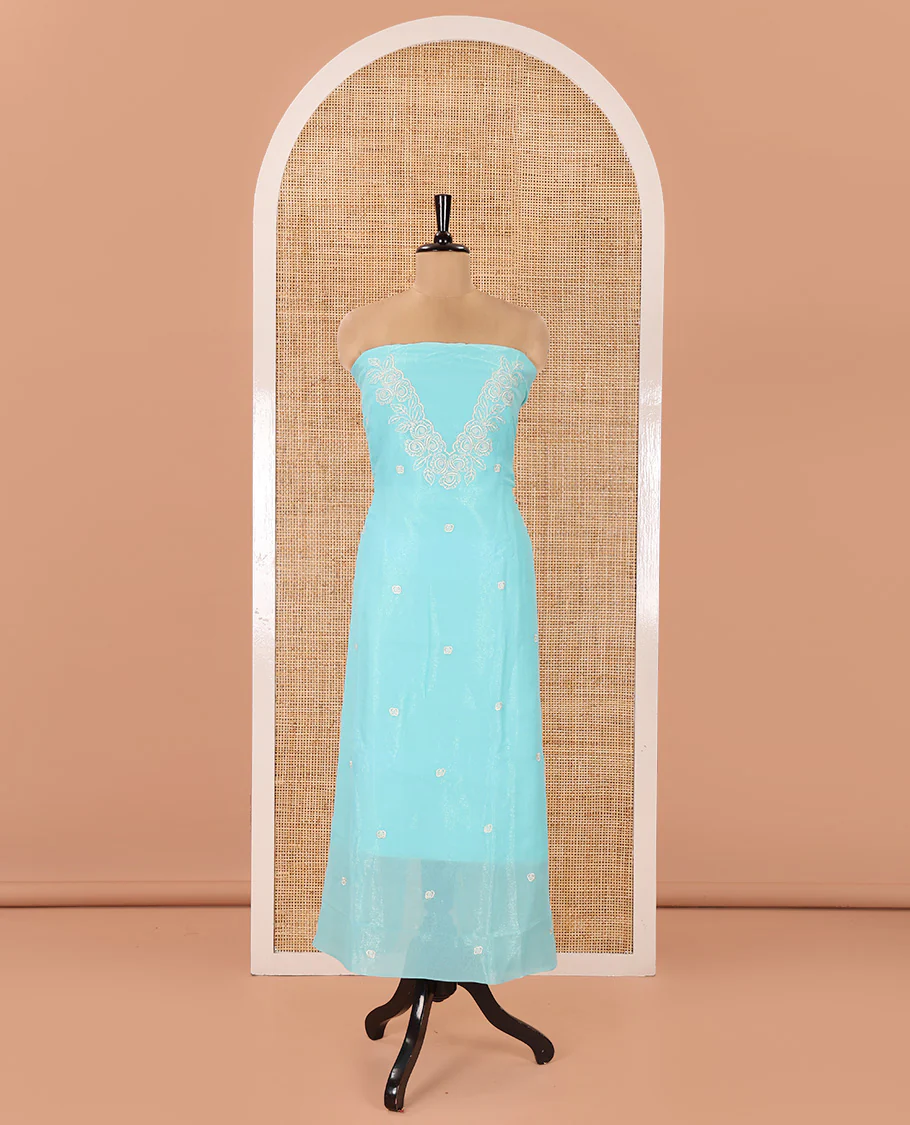 Blue Shimmer Georgette Material Chudidar Set, Meticulously Crafted with Floral Thread Embroidery on Its Top, a Plain Santoon Bottom, and Comes with a Floral Embroidered Shimmer Georgette Dupatta - Image 4