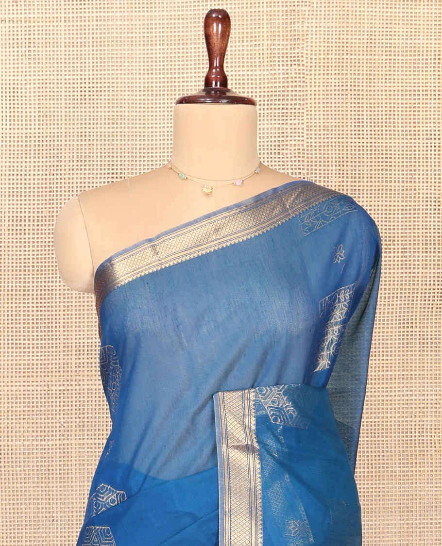Blue Silk Cotton Saree, Accentuated with Geometric Buttas All Over Its Body, Highlighted by Traditional Zari Designs Woven Border, Intricately Designed Pallu and Paired with a Matching Blouse - Image 2