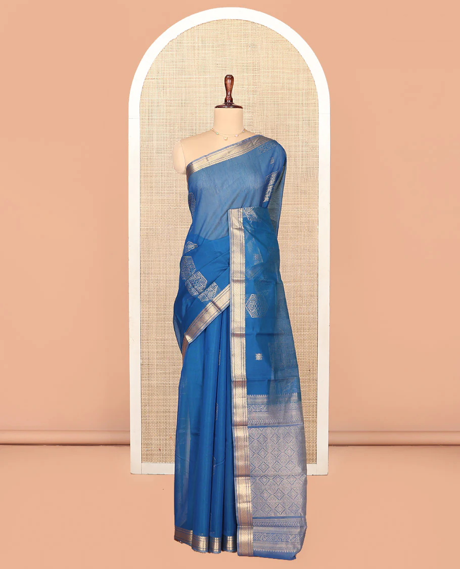 Blue Silk Cotton Saree, Accentuated with Geometric Buttas All Over Its Body, Highlighted by Traditional Zari Designs Woven Border, Intricately Designed Pallu and Paired with a Matching Blouse - Image 3