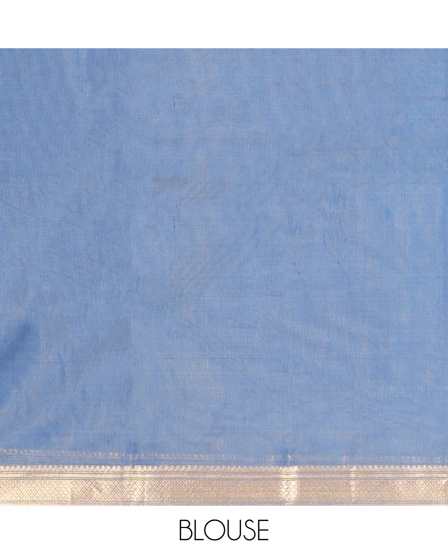 Blue Silk Cotton Saree, Accentuated with Geometric Buttas All Over Its Body, Highlighted by Traditional Zari Designs Woven Border, Intricately Designed Pallu and Paired with a Matching Blouse - Image 5