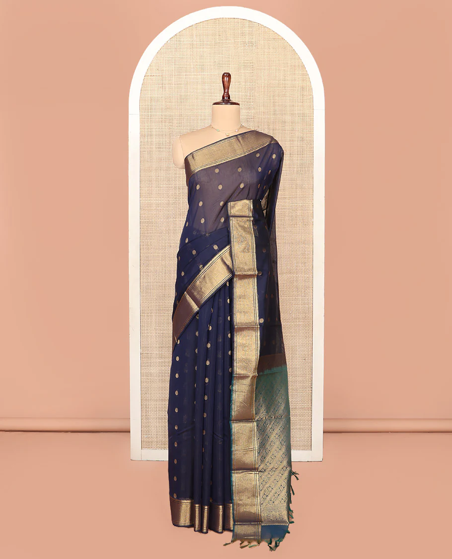 Blue Silk Cotton Saree, Highlighted by Zari Buttas On Its Body, Highlighted by Traditional Zari Border, Contrast Diagonally Woven Pallu and Paired with a Contrast Blouse - Image 3