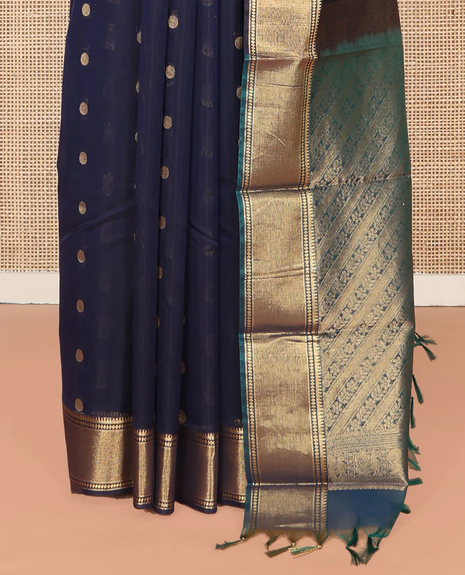 Blue Silk Cotton Saree, Highlighted by Zari Buttas On Its Body, Highlighted by Traditional Zari Border, Contrast Diagonally Woven Pallu and Paired with a Contrast Blouse - Image 4