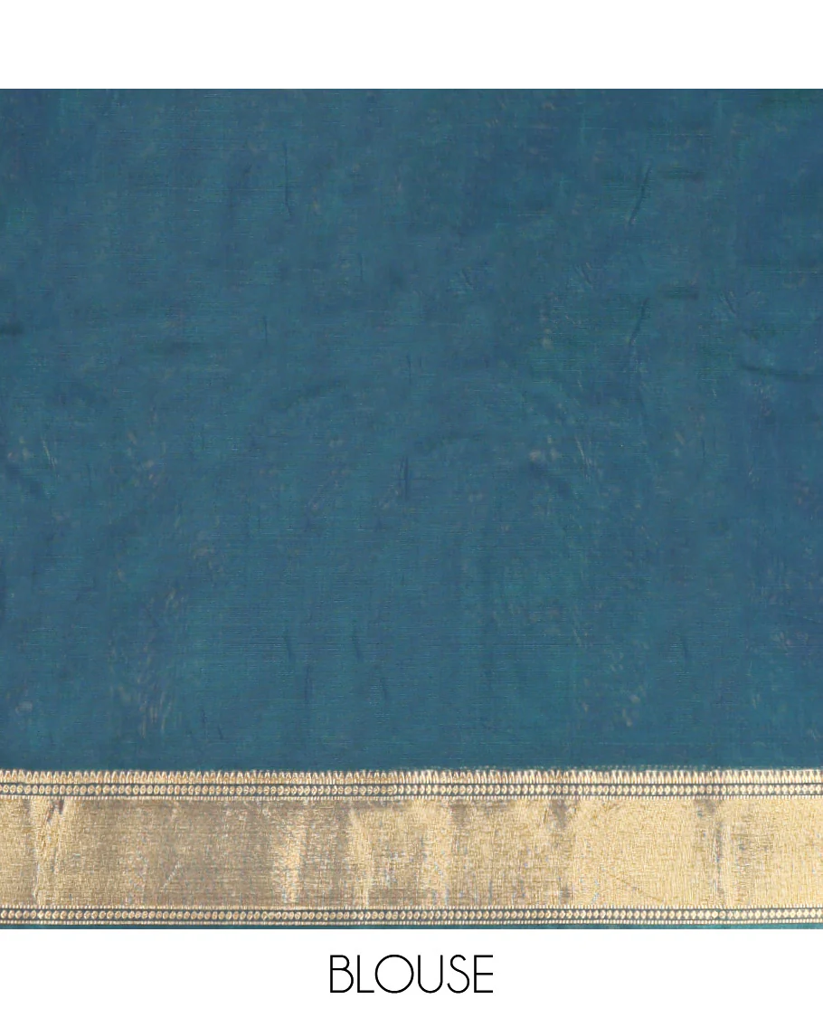 Blue Silk Cotton Saree, Highlighted by Zari Buttas On Its Body, Highlighted by Traditional Zari Border, Contrast Diagonally Woven Pallu and Paired with a Contrast Blouse - Image 5