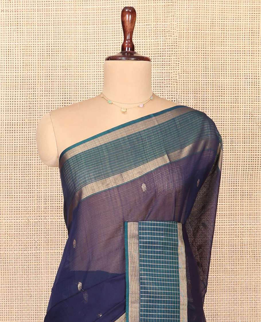 Blue Silk Cotton Saree, Subtly Sparkled With Zari Buttas All Over Its Body, Complemented by Contrast Zari Checked Border, Intricately Designed Pallu and Paired with a Contrast Blouse - Image 2