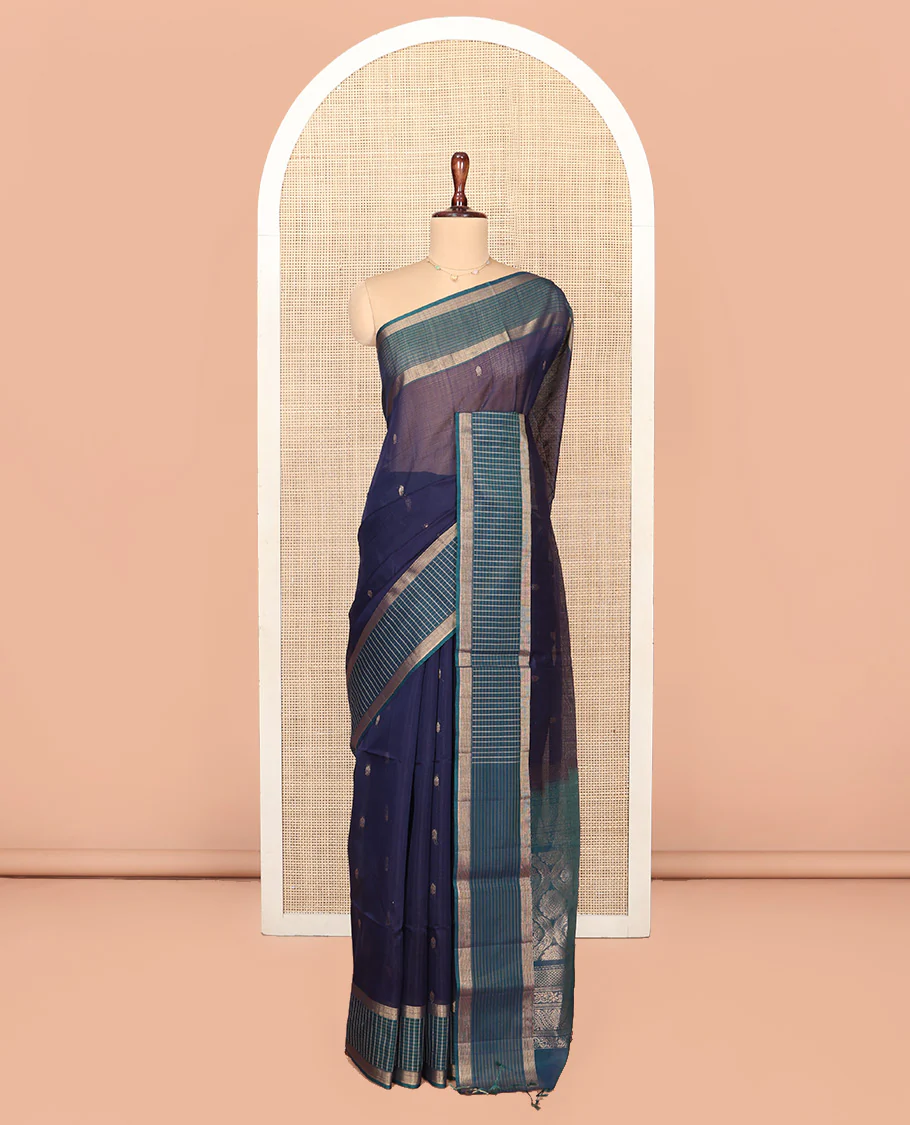 Blue Silk Cotton Saree, Subtly Sparkled With Zari Buttas All Over Its Body, Complemented by Contrast Zari Checked Border, Intricately Designed Pallu and Paired with a Contrast Blouse - Image 3