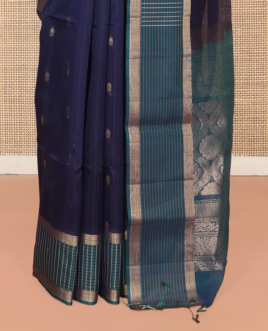 Blue Silk Cotton Saree, Subtly Sparkled With Zari Buttas All Over Its Body, Complemented by Contrast Zari Checked Border, Intricately Designed Pallu and Paired with a Contrast Blouse - Image 4