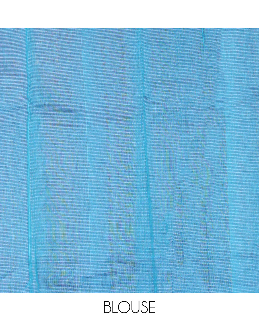 Blue Silk Saree, Subtly Woven with Buttas All Over Its Body,  Complemented by Contrast Peacock Charriot Motifs Woven Border, Temple Design Pallu and Paired with a Contrast Blouse - Image 5