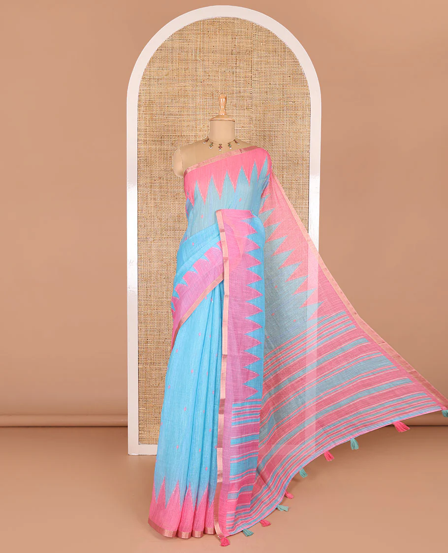 Blue small thread buttas linen cotton saree, contrast temple zari piping border, striped pallu and a contrast blouse