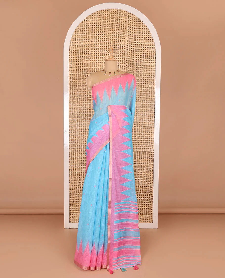 Blue small thread buttas linen cotton saree, contrast temple zari piping border, striped pallu and a contrast blouse - Image 2
