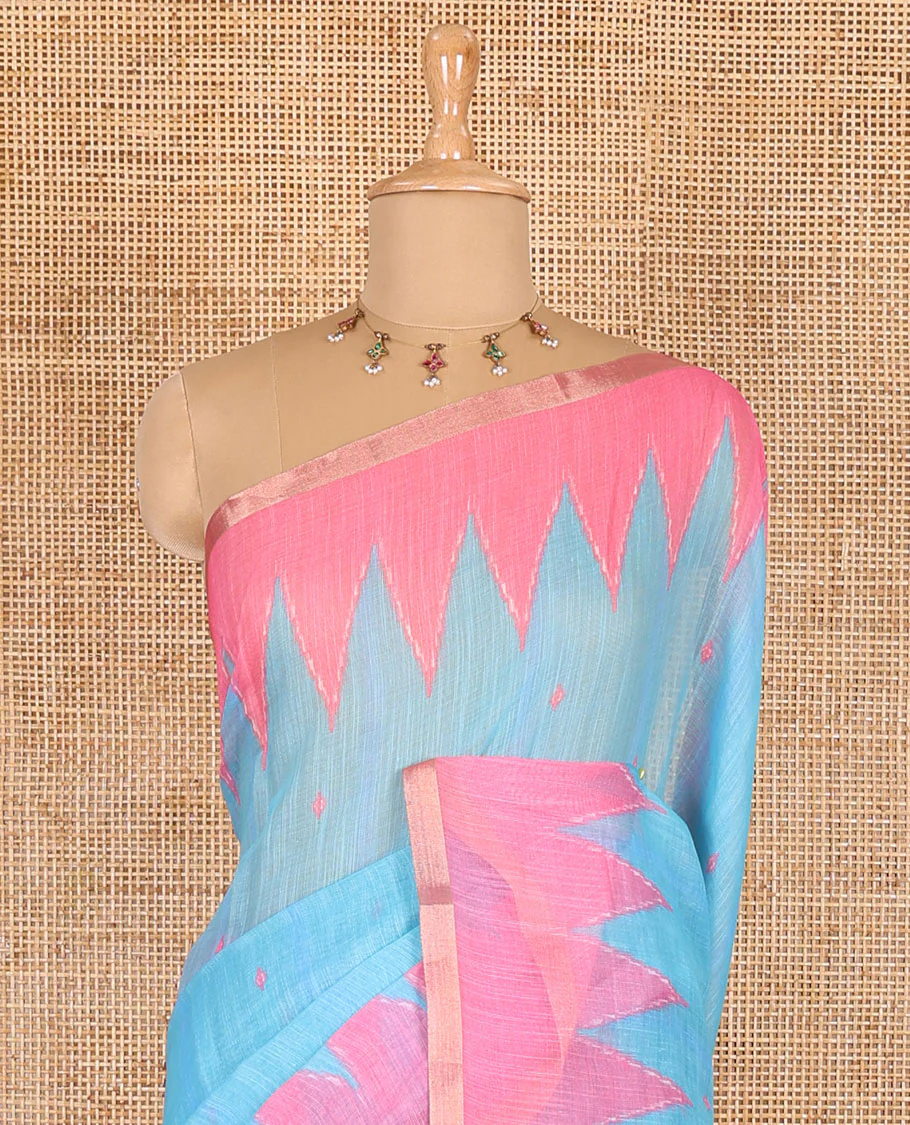 Blue small thread buttas linen cotton saree, contrast temple zari piping border, striped pallu and a contrast blouse - Image 3