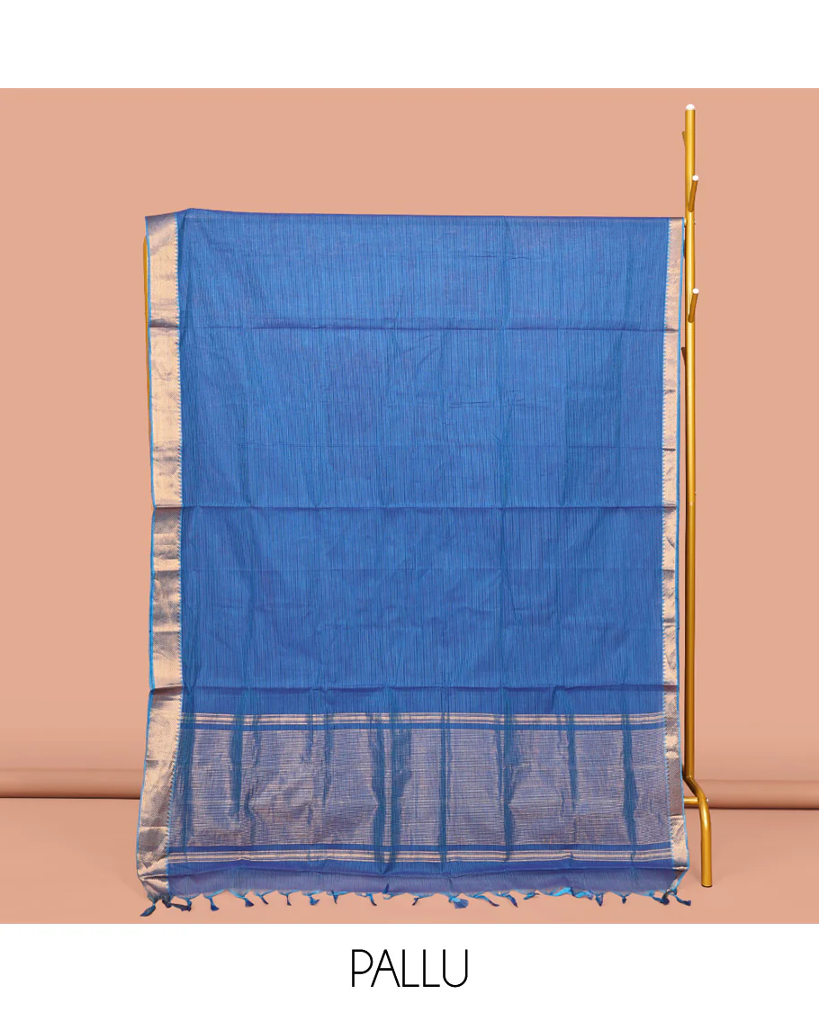 Blue Sparsely Striped Mangalgiri Cotton Saree, Highlighted by a Zari Border, Gleaming Zari-Striped Pallu, and Paired with a Matching Blouse - Image 2