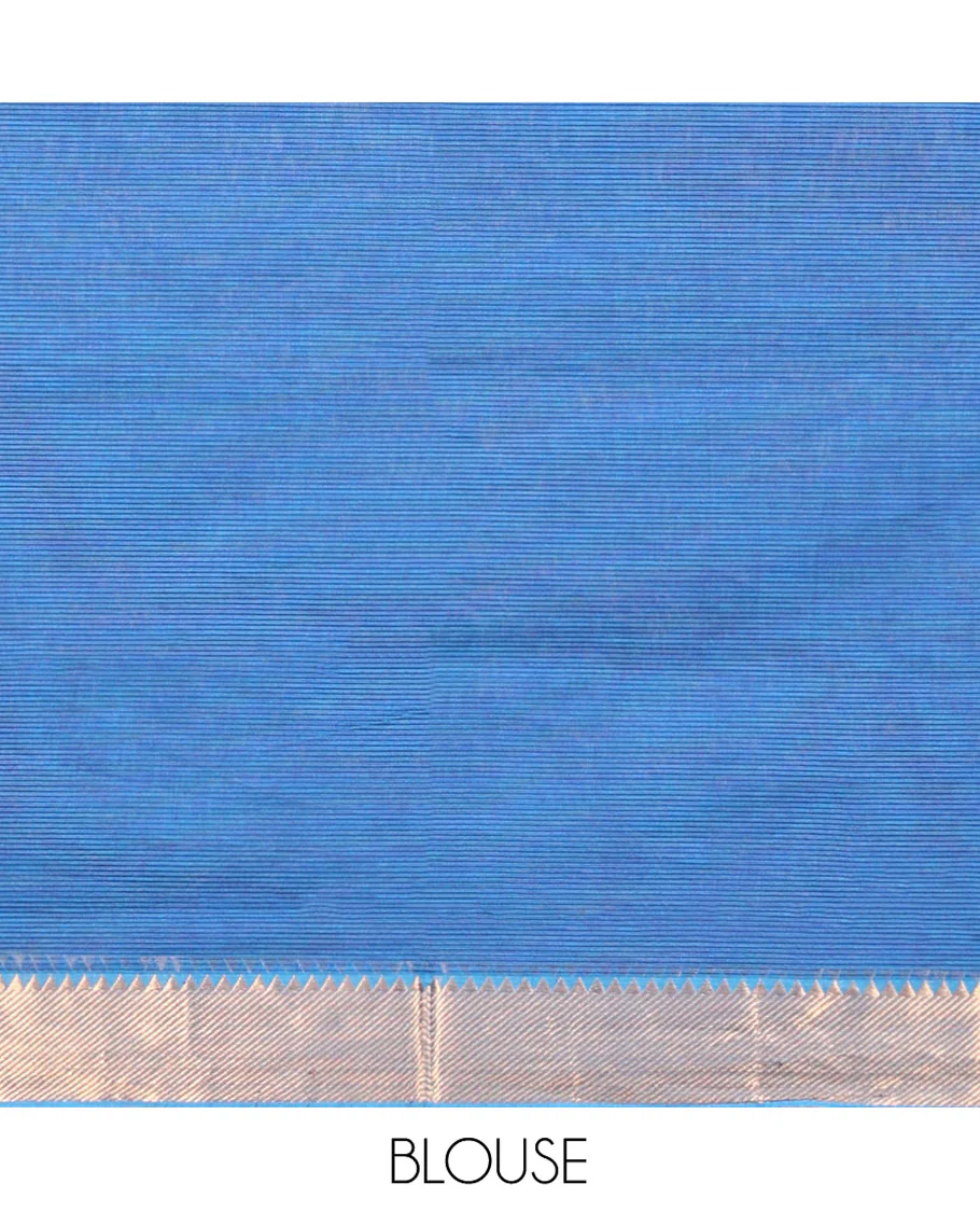 Blue Sparsely Striped Mangalgiri Cotton Saree, Highlighted by a Zari Border, Gleaming Zari-Striped Pallu, and Paired with a Matching Blouse - Image 3