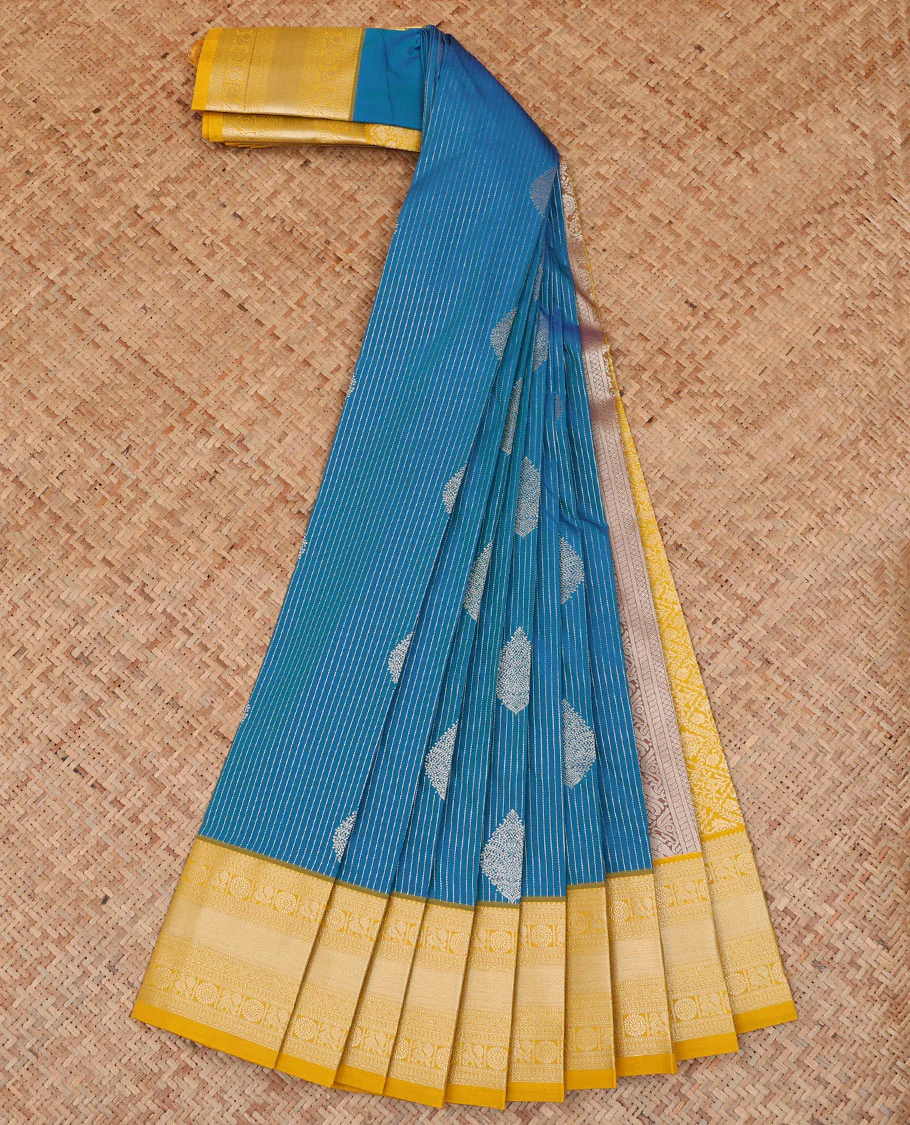 Blue striped and zari motifs budget silk saree, contrast traditional zari design border, and zari-rich jaal pallu - Image 2