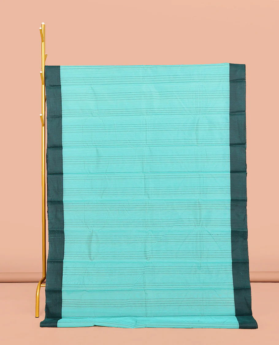 Blue Striped Semi-Silk Cotton Saree, Complemented by a Contrast Border, Pallu Steeped with Stripes, and Paired with a Matching Blouse