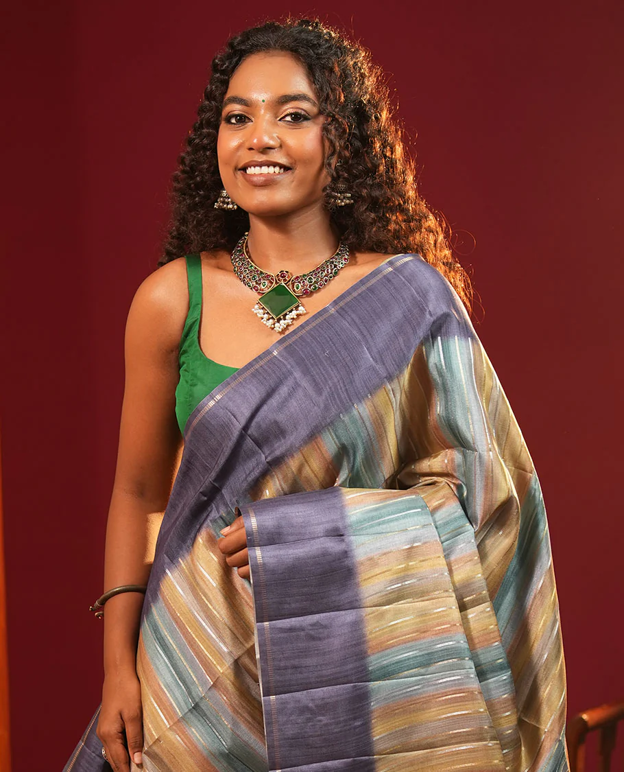 Blue Striped Semi-Tussar Silk Saree, Adorned with Vertical Zari Stripes on Its Body, Subtle Zari Border, a Subtle Pallu, and Paired with a Contrast Striped Blouse - Image 2