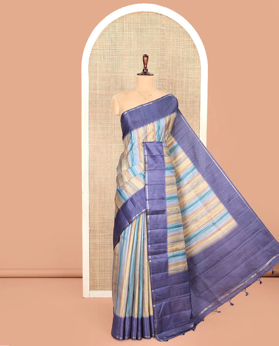 Blue Striped Semi-Tussar Silk Saree, Adorned with Vertical Zari Stripes on Its Body, Subtle Zari Border, a Subtle Pallu, and Paired with a Contrast Striped Blouse - Image 3