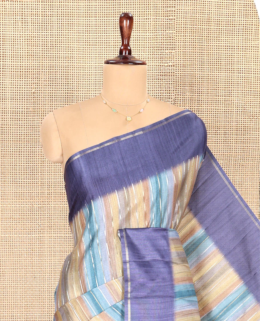 Blue Striped Semi-Tussar Silk Saree, Adorned with Vertical Zari Stripes on Its Body, Subtle Zari Border, a Subtle Pallu, and Paired with a Contrast Striped Blouse - Image 4