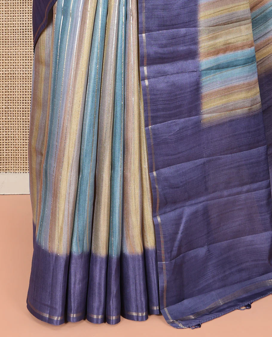Blue Striped Semi-Tussar Silk Saree, Adorned with Vertical Zari Stripes on Its Body, Subtle Zari Border, a Subtle Pallu, and Paired with a Contrast Striped Blouse - Image 5