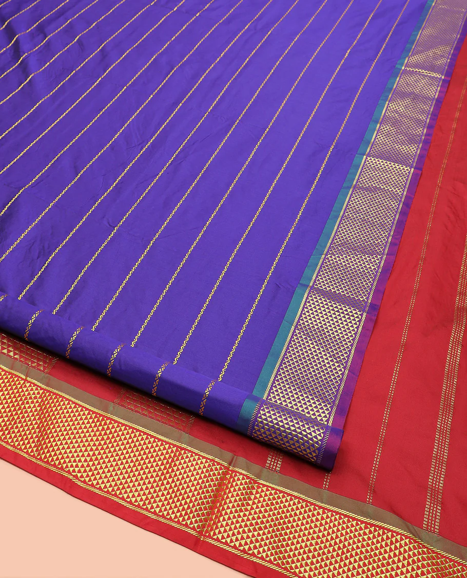 Blue Ten-Yard Art Silk Saree Adorned with Neli Stripes on Its Body, Complemented by a Contrast Traditional Ara Maadam Border, and Pallu Elevated with Traditional Ara Maadam Designs